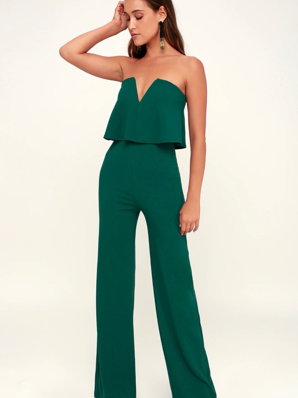 Lulu's Emerald Strapless Wide-Leg Jumpsuit
